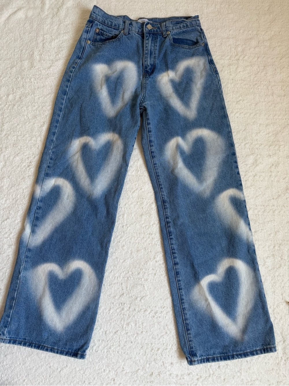 Adika Heart Print Wide Leg Jeans Blue Denim High Rise Straight Leg M